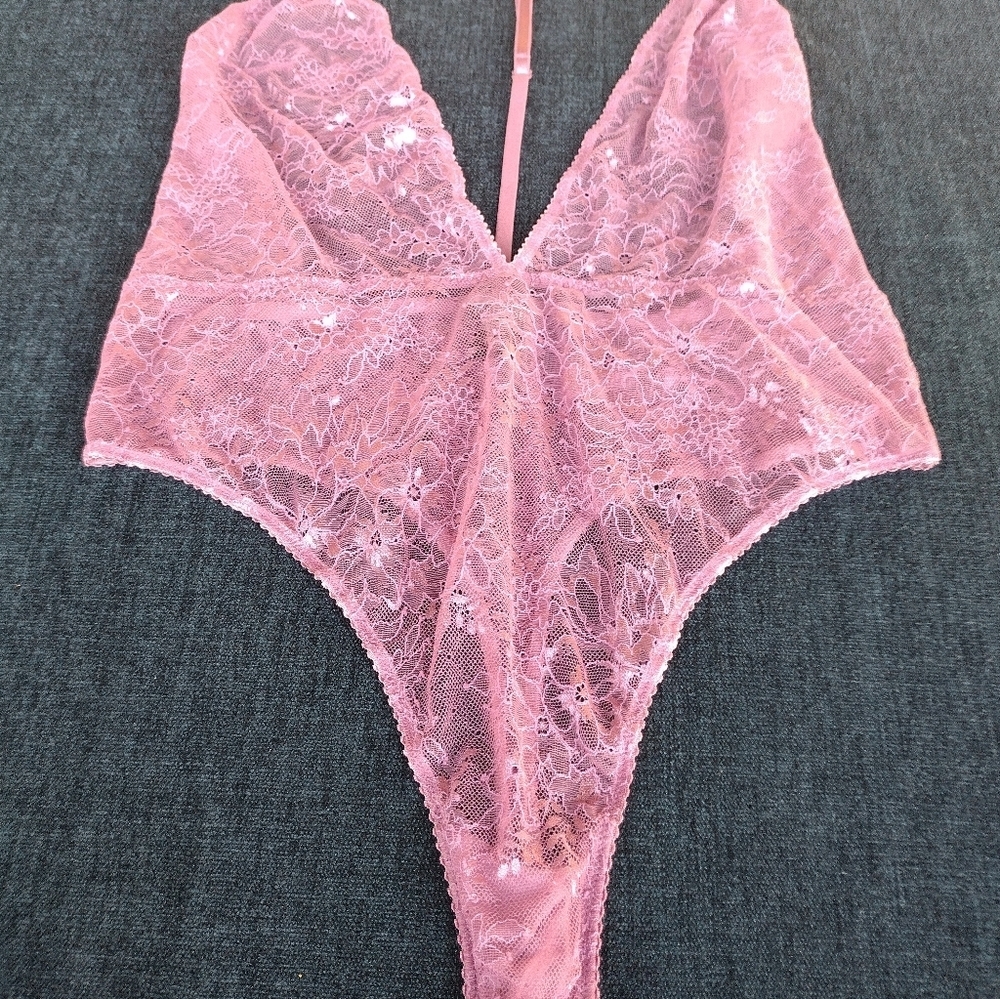 Victorias Secret Lace Plunge Bodysuit Sheer Teddy Teddy Pink XL - Picture 2 of 6